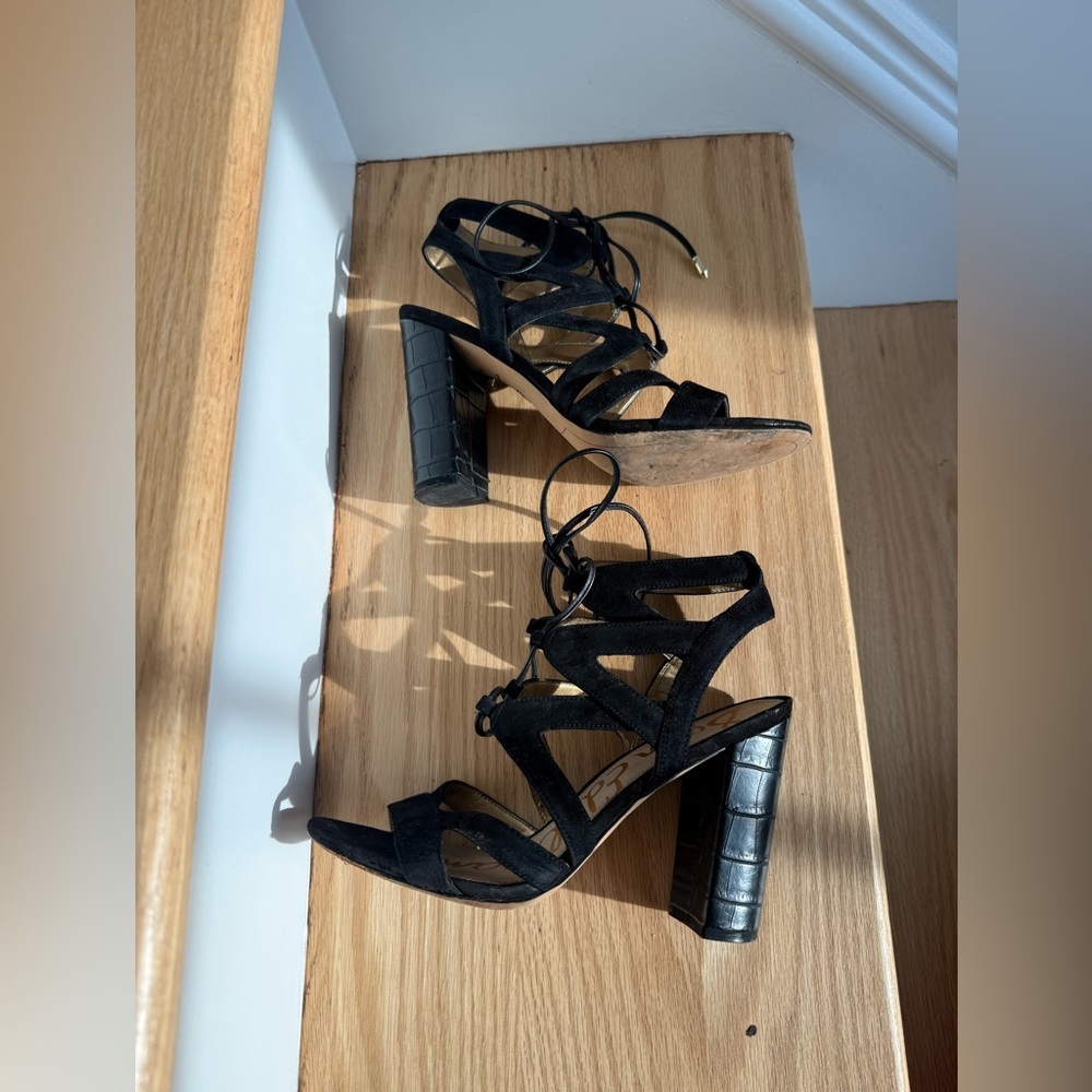 Sam Edelman Black Suede Strappy Block Heel Sandals Size 8